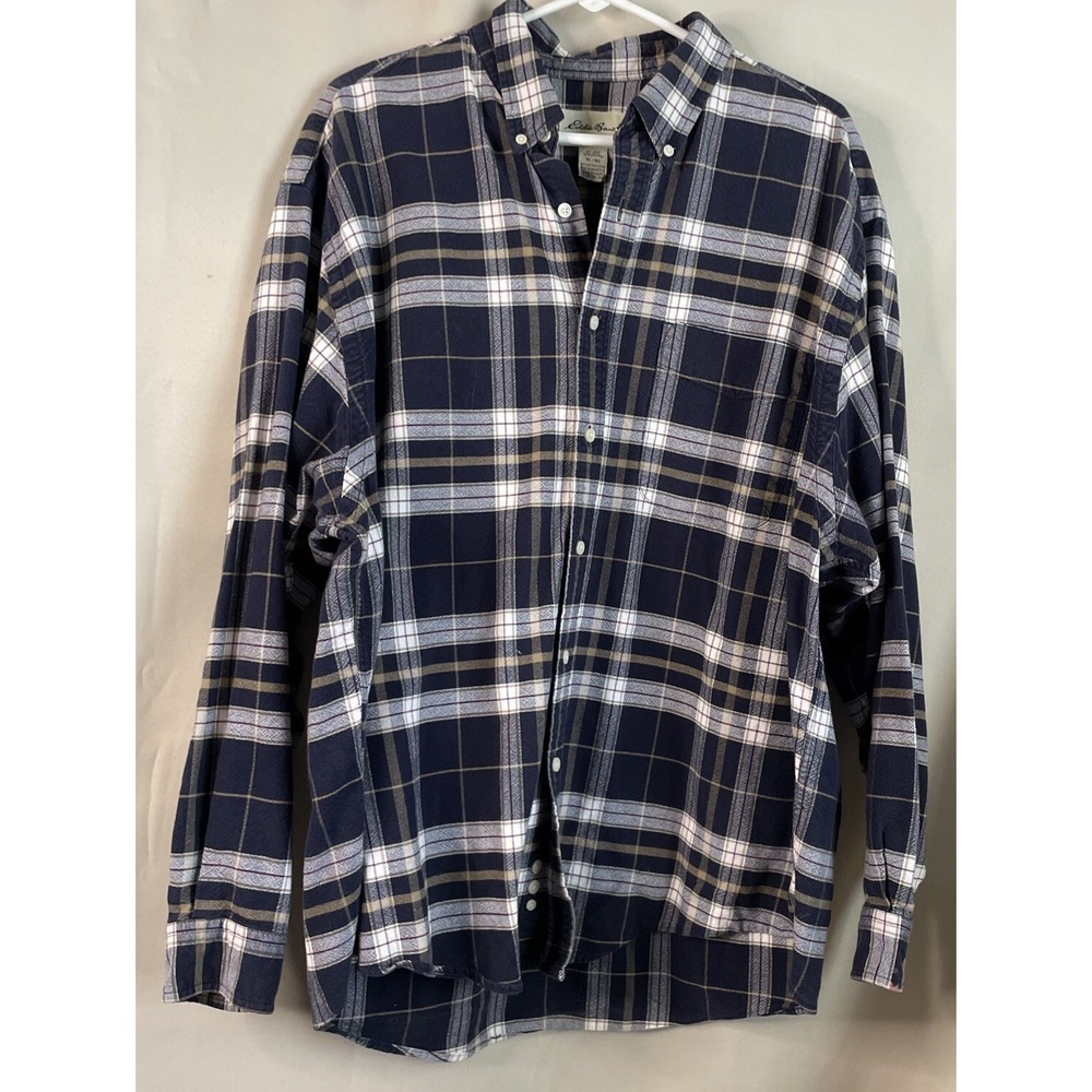 Eddie Bauer Mens XL Button Down Shirt Navy Blue Plaid Long Sleeve Cotton Preppy